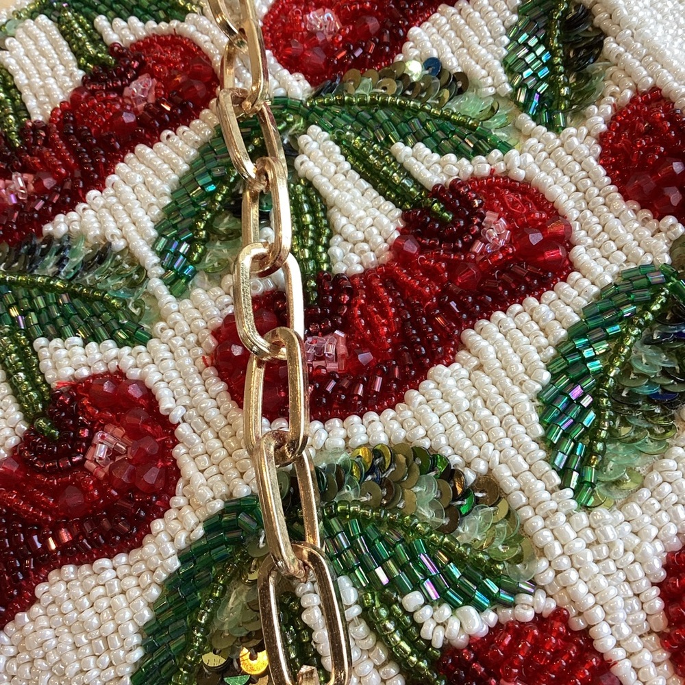 🍒Anthropologie Oversized Beaded Shoulder Bag Maeve Purse Novelty Gold Chain NEW - Picture 10 of 16
